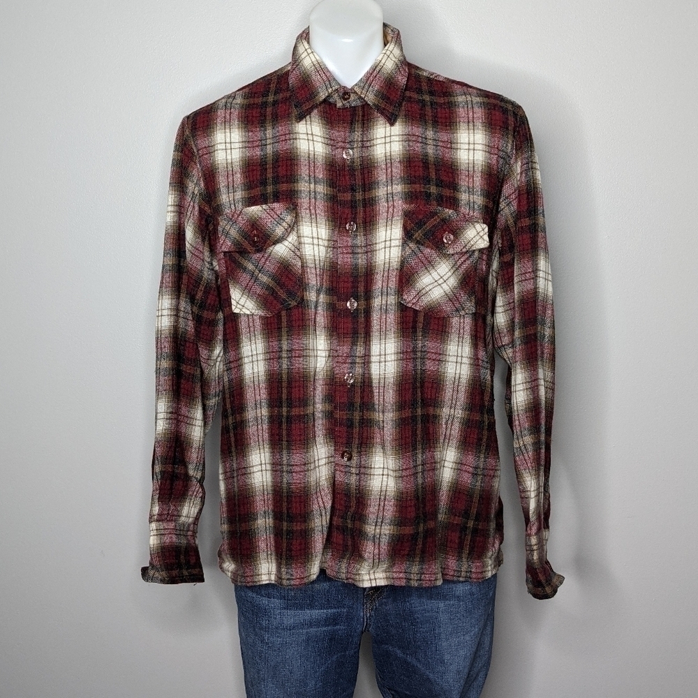 Vintage Wool O The West red white plaid button up L